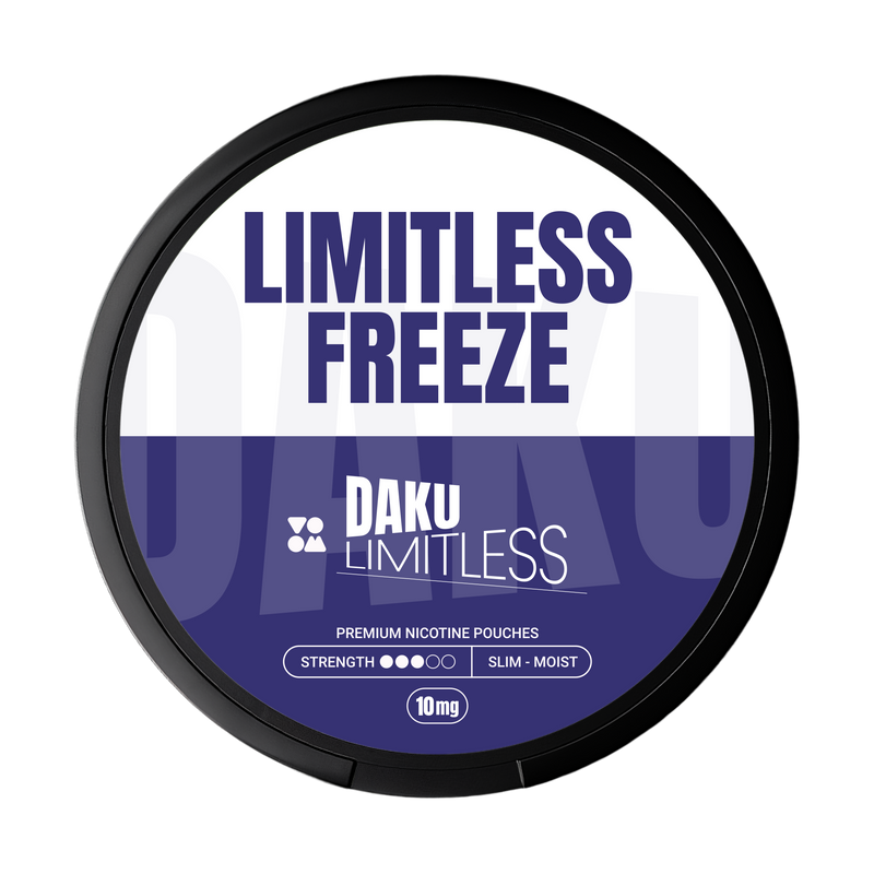 Daku branding on white and blue brand with limitless freeze flavour writing nicotine pouch 
