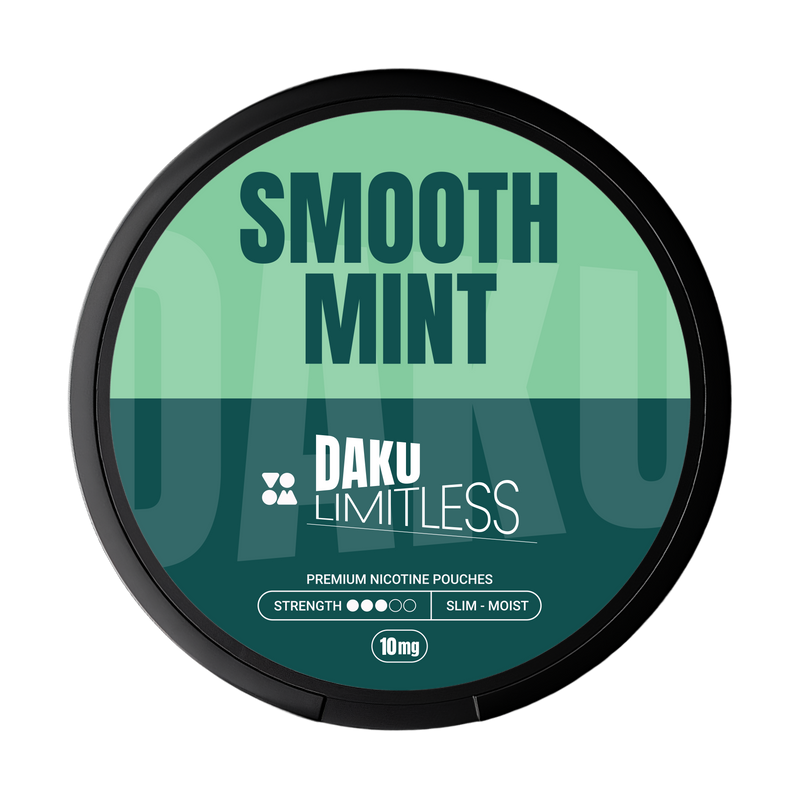 Daku branding on mint green and teal green brand with smooth mint flavour writing nicotine pouch 
