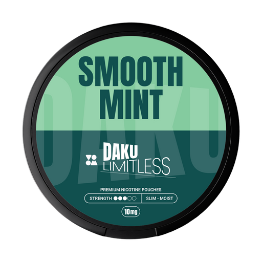 Daku branding on mint green and teal green brand with smooth mint flavour writing nicotine pouch 
