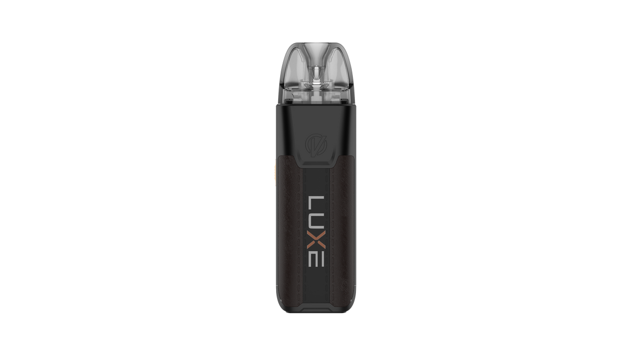 Black leather XR Max 2 vape device with 'LUXE' vaporesso vape kit branding on a white background