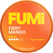 Orange packaging of FUMi Fiery Mango Strong nicotine pouches with yellow and white text.