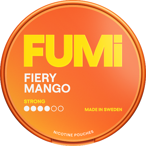 Orange packaging of FUMi Fiery Mango Strong nicotine pouches with yellow and white text.