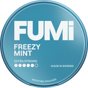 Fumi Freezy Mint Extra Strong nicotine pouch container with branding and product details on a blue background