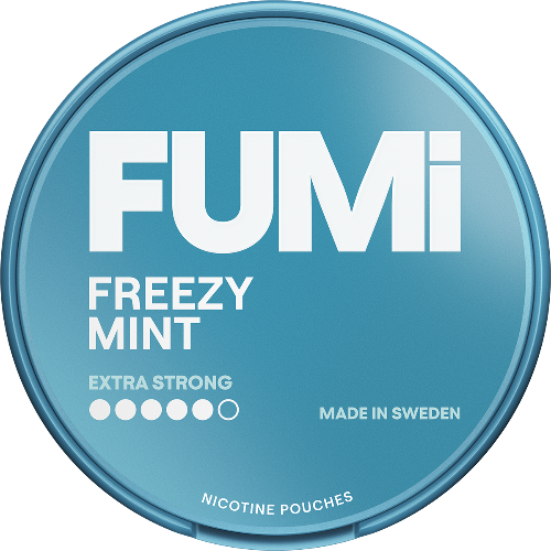 Fumi Freezy Mint Extra Strong nicotine pouch container with branding and product details on a blue background
