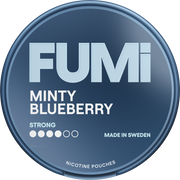 FUMi Minty Blueberry Strong nicotine pouch container with branding and product details.