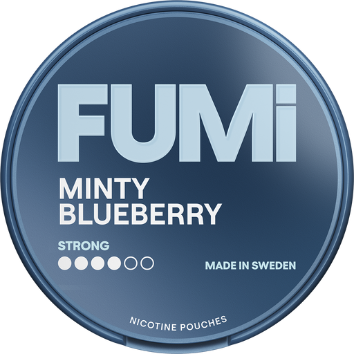 FUMi Minty Blueberry Strong nicotine pouch container with branding and product details.