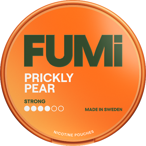 Orange container of FUMi Prickly Pear Strong nicotine pouches with green and white text.