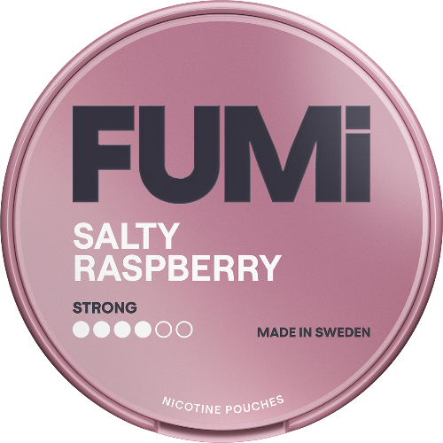 Pink container of FUMi Salty Raspberry Strong nicotine pouches with branding and product details.
