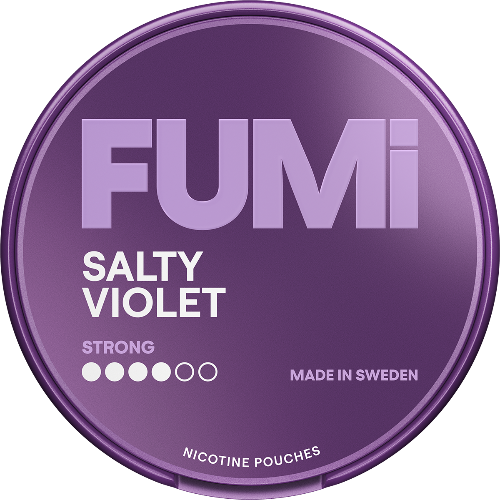 Purple container of FUMi Salty Violet Strong nicotine pouches with branding and product details.