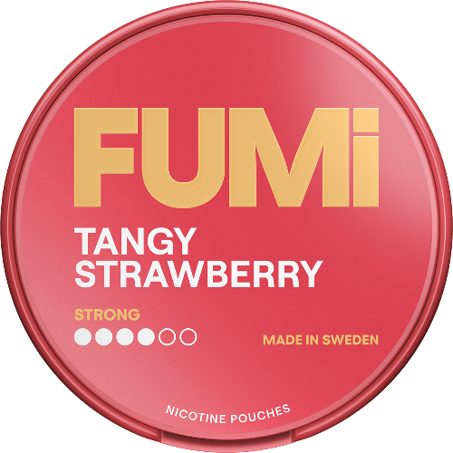 Red container of FUMi Tangy Strawberry Strong nicotine pouches with gold and white text.