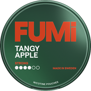 Fumi Tangy Apple Strong nicotine pouch container with branding and product details.