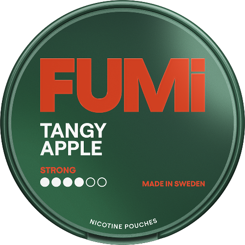 Fumi Tangy Apple Strong nicotine pouch container with branding and product details.