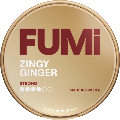 Fumi Zingy Ginger Strong nicotine pouch container with brand name and flavor details on a beige background