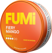 A round tin of FUMi Fiery Mango nicotine pouches, featuring a bright orange label with bold yellow and white text on a clean white background.