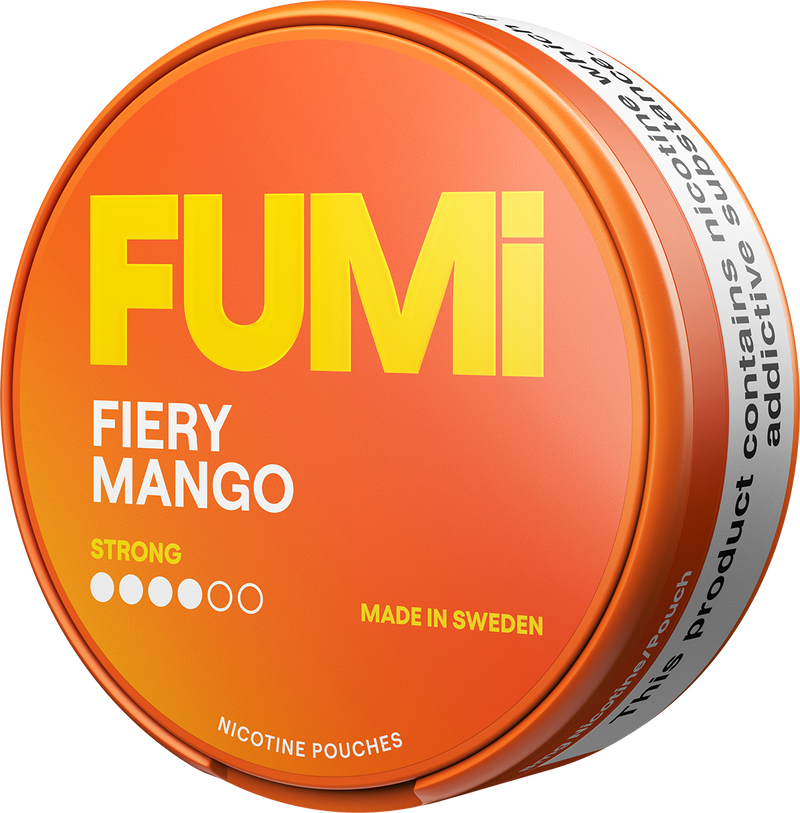 A round tin of FUMi Fiery Mango nicotine pouches, featuring a bright orange label with bold yellow and white text on a clean white background.