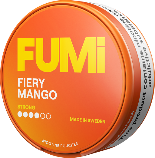A round tin of FUMi Fiery Mango nicotine pouches, featuring a bright orange label with bold yellow and white text on a clean white background.