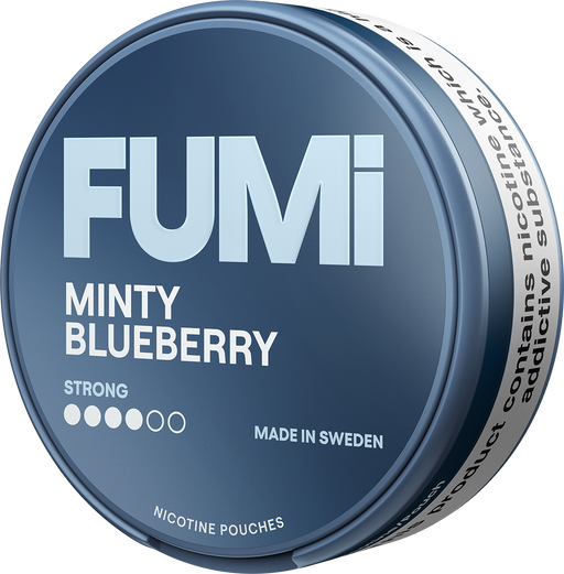 A round tin of Fumi Minty Blueberry nicotine pouches, featuring a dark blue-gray lid with bold white text and a white band around the side.