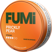 A round tin of FUMi Prickly Pear strong nicotine pouches, featuring a bright orange lid with dark green and white text, and a white side band with black text.