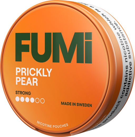 A round tin of FUMi Prickly Pear strong nicotine pouches, featuring a bright orange lid with dark green and white text, and a white side band with black text.
