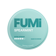 Teal container of FUMi Spearmint Extra Strong nicotine pouches on a white background
