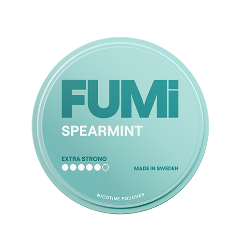 Teal container of FUMi Spearmint Extra Strong nicotine pouches on a white background