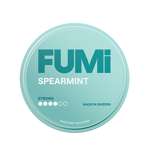 Fumi Spearmint Strong nicotine pouch container on a white background