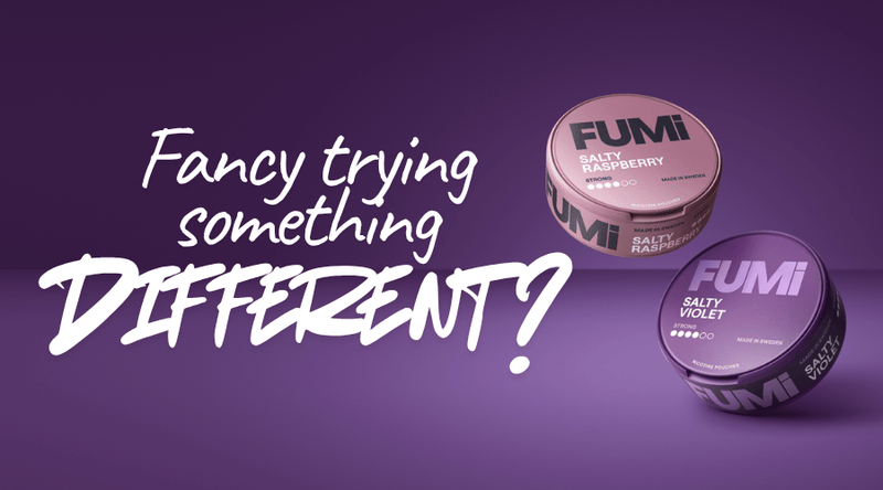 Two Fumi Salted Tobacco products on a purple background with the text 'Fancy trying something DIFFERENT?'. The top container is pink labeled 'Salty Raspberry' and the bottom container is purple labeled 'Salty Violet'.
