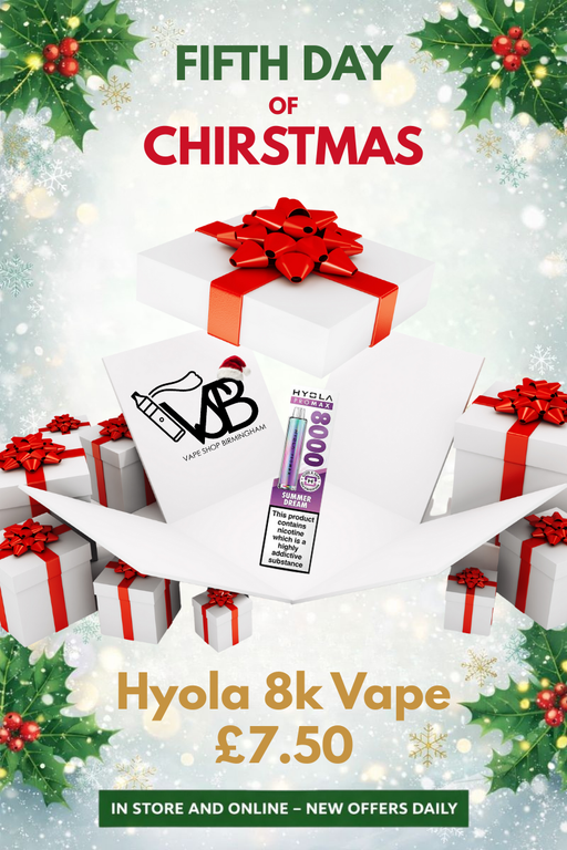 Promotional image for Hyola 8k Vape with Christmas-themed decorations and text.