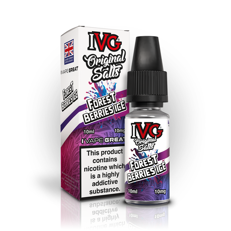 A 10ml bottle of IVG Original Salts Forest Berries Ice 10mg  e-liquid next to its retail packaging box, both featuring a white and purple design with a prominent nicotine warning label.