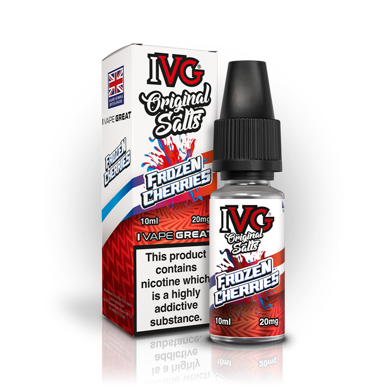 A 10ml bottle of IVG Original Salts Frozen Cherries 20mg e-liquid next to its retail packaging box, both featuring a white and red design with a prominent nicotine warning label.