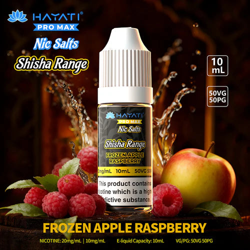 Hayati Pro Max logo with Shisha Range writing apple and raspberry with e liquid bottle