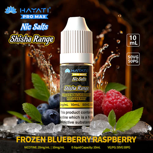 Blueberries and Raspberries on a dark back ground with an eliquid bottle and ayati Pro Max blue logo and shisha Range writing