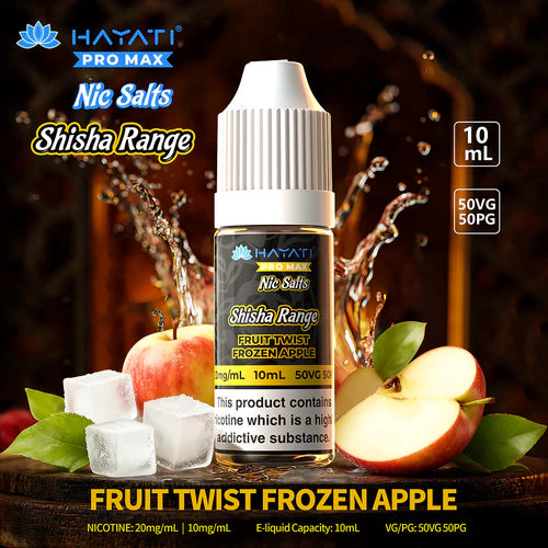 Ice cubes and apples on a dark background with an eliquid bottle in black and ayati Pro Max Nic Salt Logo