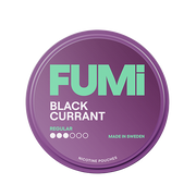 Purple container of FUMi Blackcurrant regular nicotine pouches on a white background