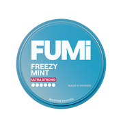 Blue container of FUMi Freezy Mint Ultra Strong nicotine pouches on a white background