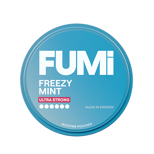 Blue container of FUMi Freezy Mint Ultra Strong nicotine pouches on a white background