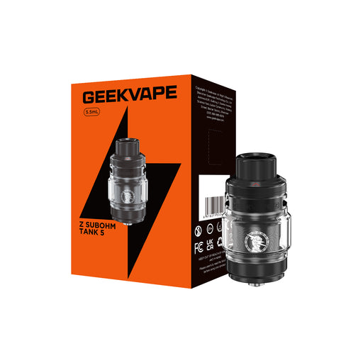 Geekvape Z Subohm Tank 5 vape tank in black and its orange and black retail packaging box, shown on a plain white background.