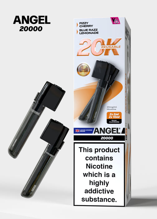 ANGEL 20000 vape device packaging with nicotine warning label on a white background