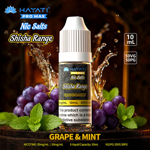 Grape & Mint Eliquid with Shisha Range in yellow writing and Hayati Promax Logo in blue