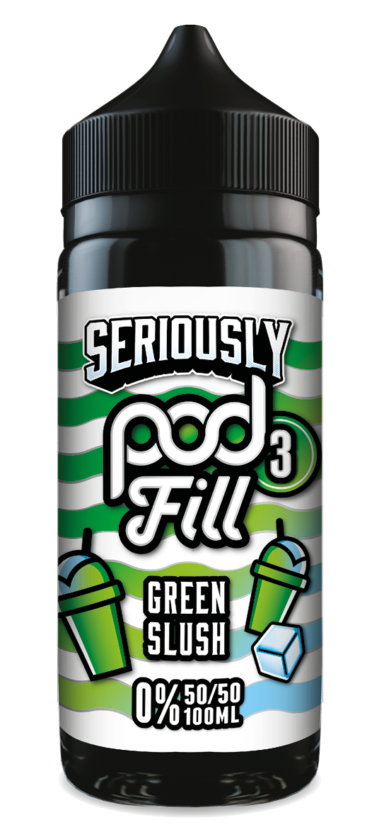 Vape juice bottle labeled 'Seriously Pod Fill Green Slush' with a black cap.