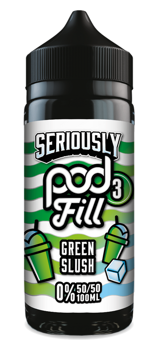 Vape juice bottle labeled 'Seriously Pod Fill Green Slush' with a black cap.