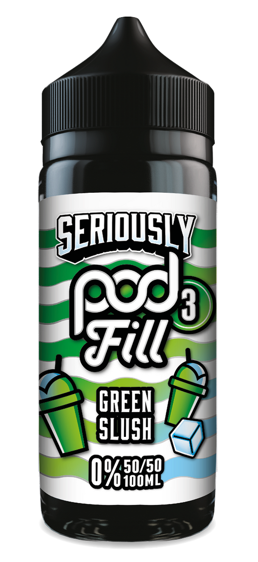 Vape juice bottle labeled 'Seriously Pod Fill Green Slush' with a black cap.