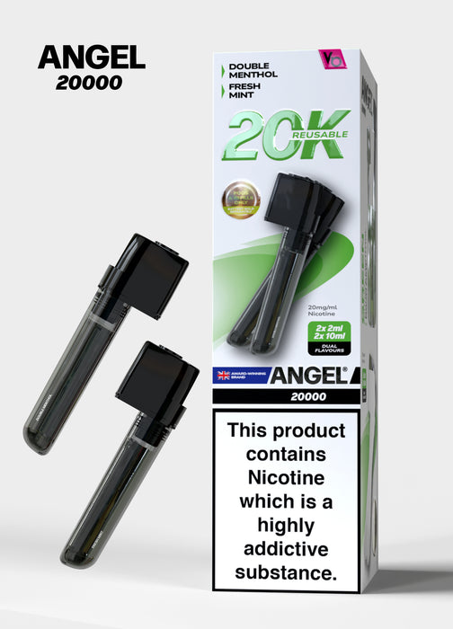 Green Edition Packaging of Angel 20000 vape devices with nicotine warning label on a white background
