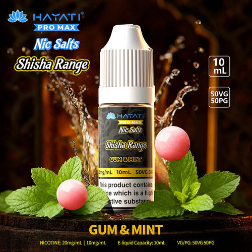 Gum & Mint Eliquid with Shisha Range in yellow writing and Hayati Promax Logo in blue