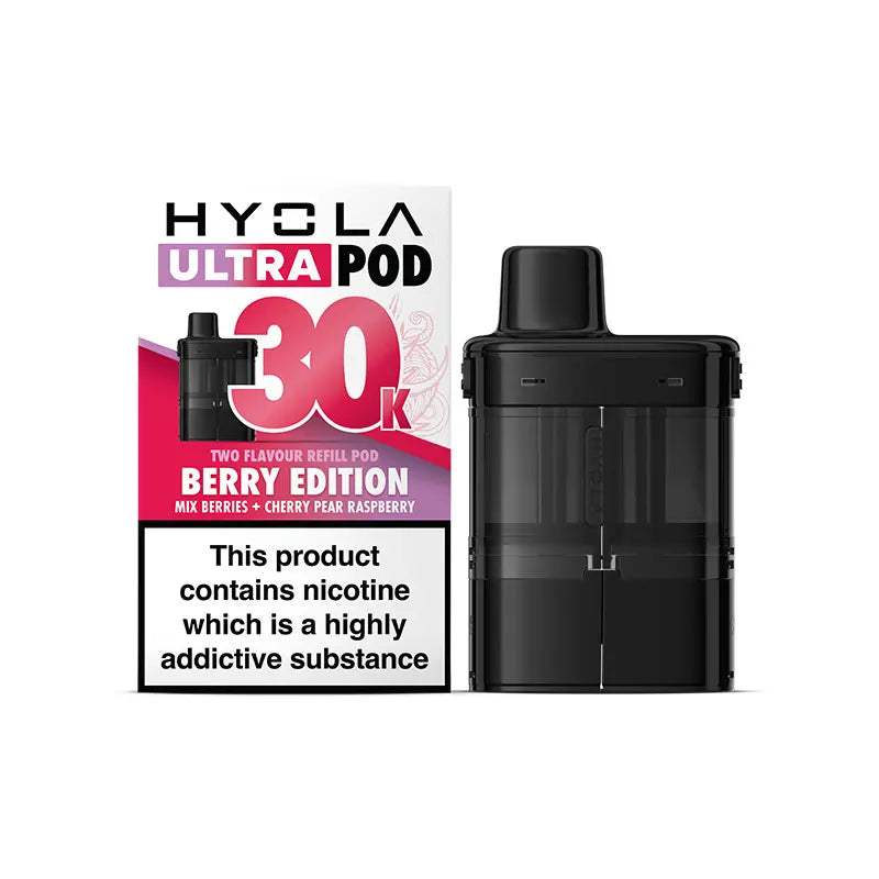 Hyvla Ultra Pod vaping device with packaging on a white background Berry Edition