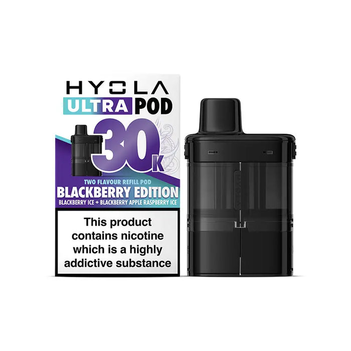 Hyvla Ultra Pod vaping device with packaging on a white background blackberry Edition