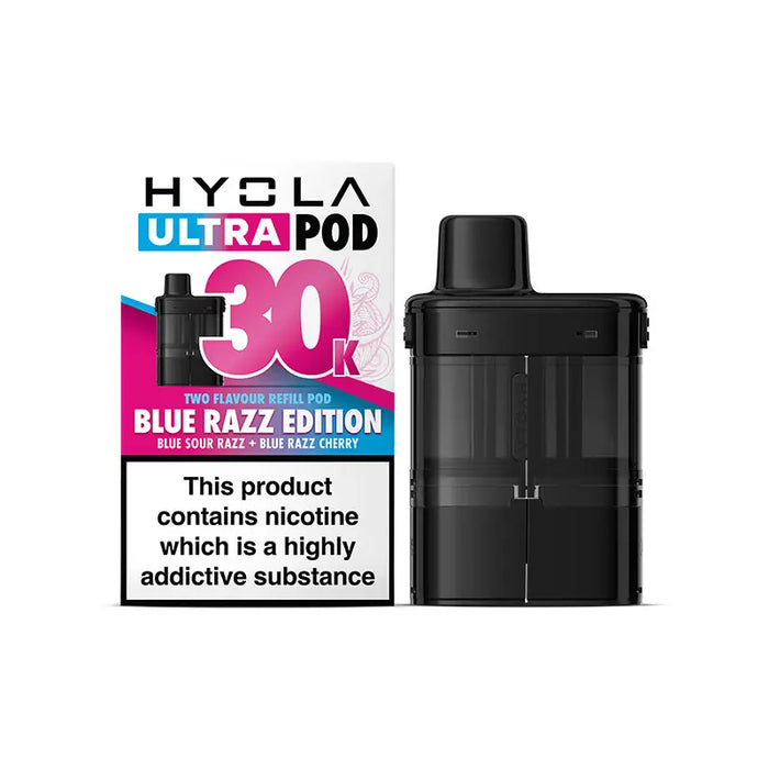 Hyvla Ultra Pod vaping device with packaging on a white background Blue Razz Edition