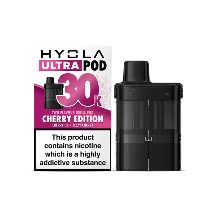 Hyvla Ultra Pod Cherry Edition vaping device and packaging on a white background