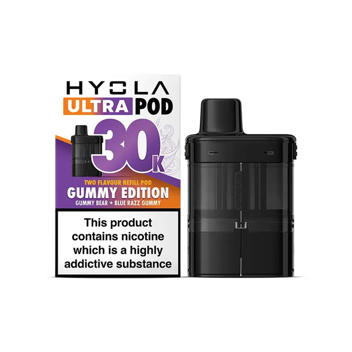 Hyvla Ultra Pod vaping device with packaging on a white background Gummy Edition