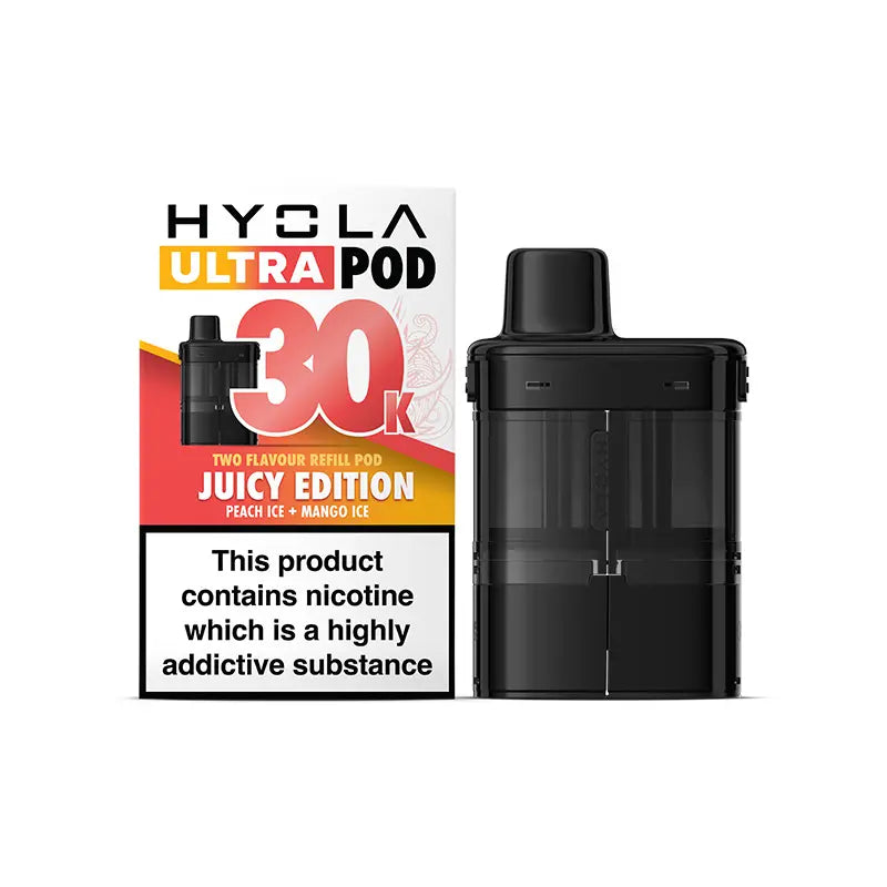 Hyvla Ultra Pod vaping device with packaging on a white background Juicy Edition